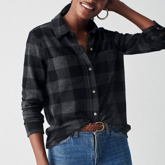 Faherty Legend Flannel Sweater Shirt Women's XS Charcoal Buffalo Plaid - Picture 1 of 2